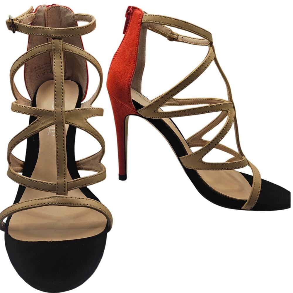 Aldo Suede Leather Strappy Heels Blk/Tan/Red Zip Up 4" Heel Sz 6.5 - Picture 3 of 8
